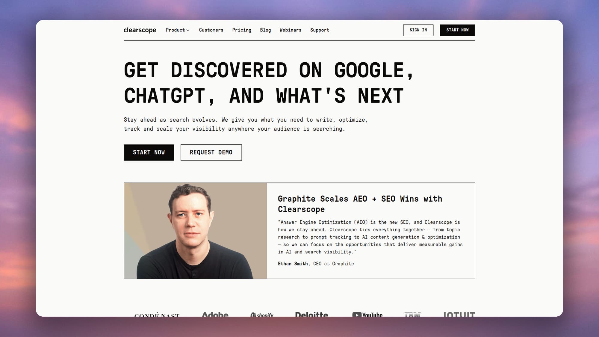 Clearscope homepage: get discovered on Google, ChatGPT, and what is next
