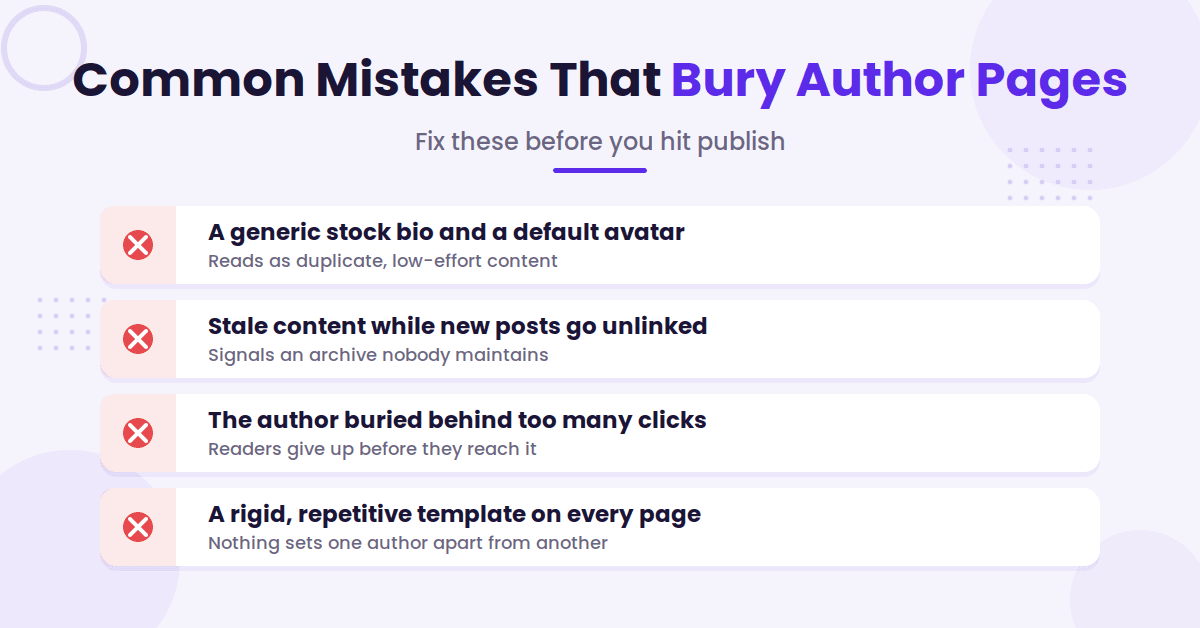 List of common mistakes that people add on their author page.