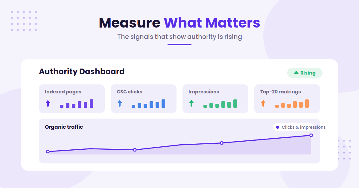 Authority dashboard tracking rising SEO metrics