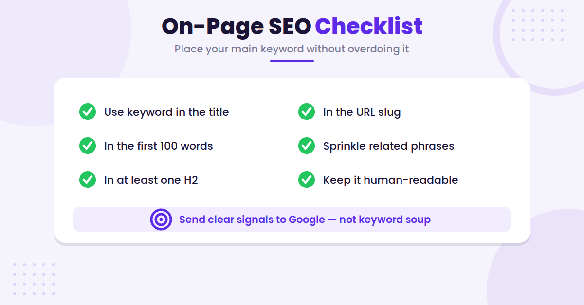 On-page SEO keyword placement checklist.