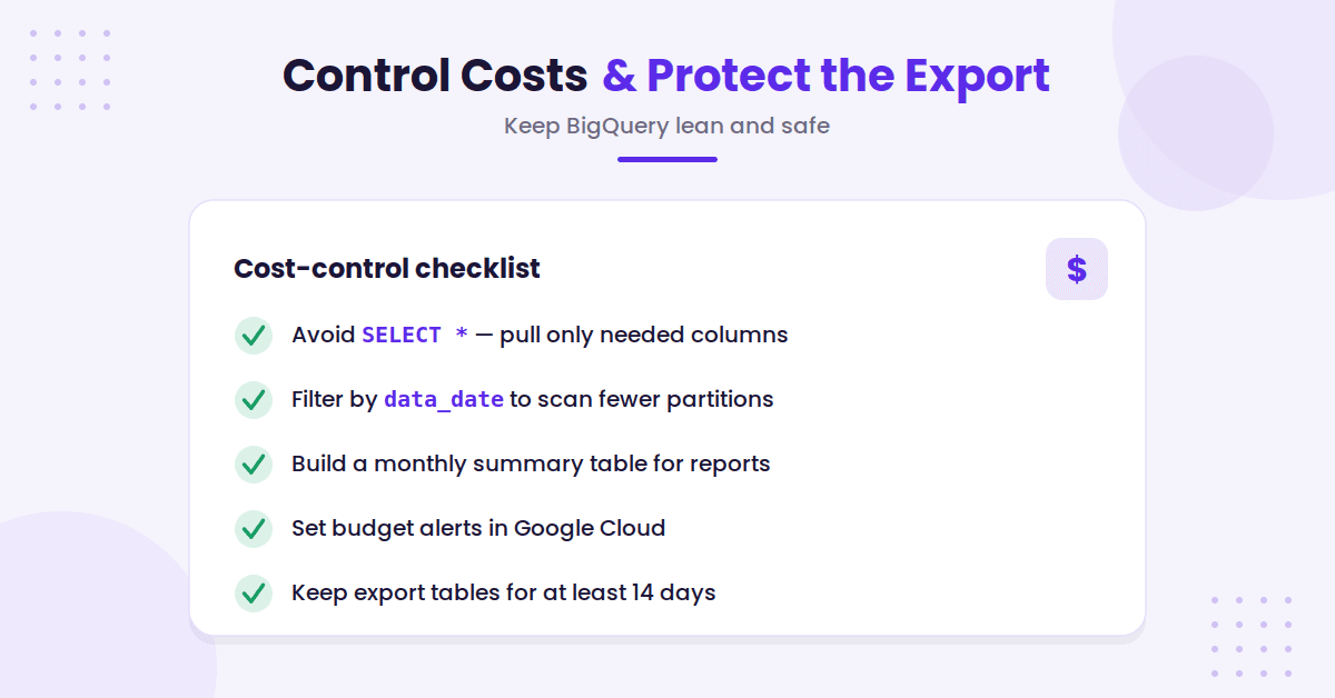BigQuery cost-control checklist with tips