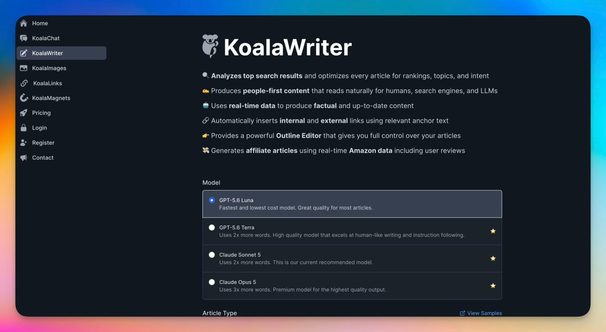 KoalaWriter article writer interface generating an SEO blog post