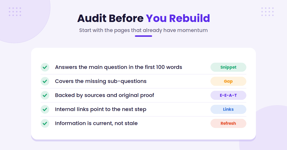 Content audit checklist before rebuilding pages