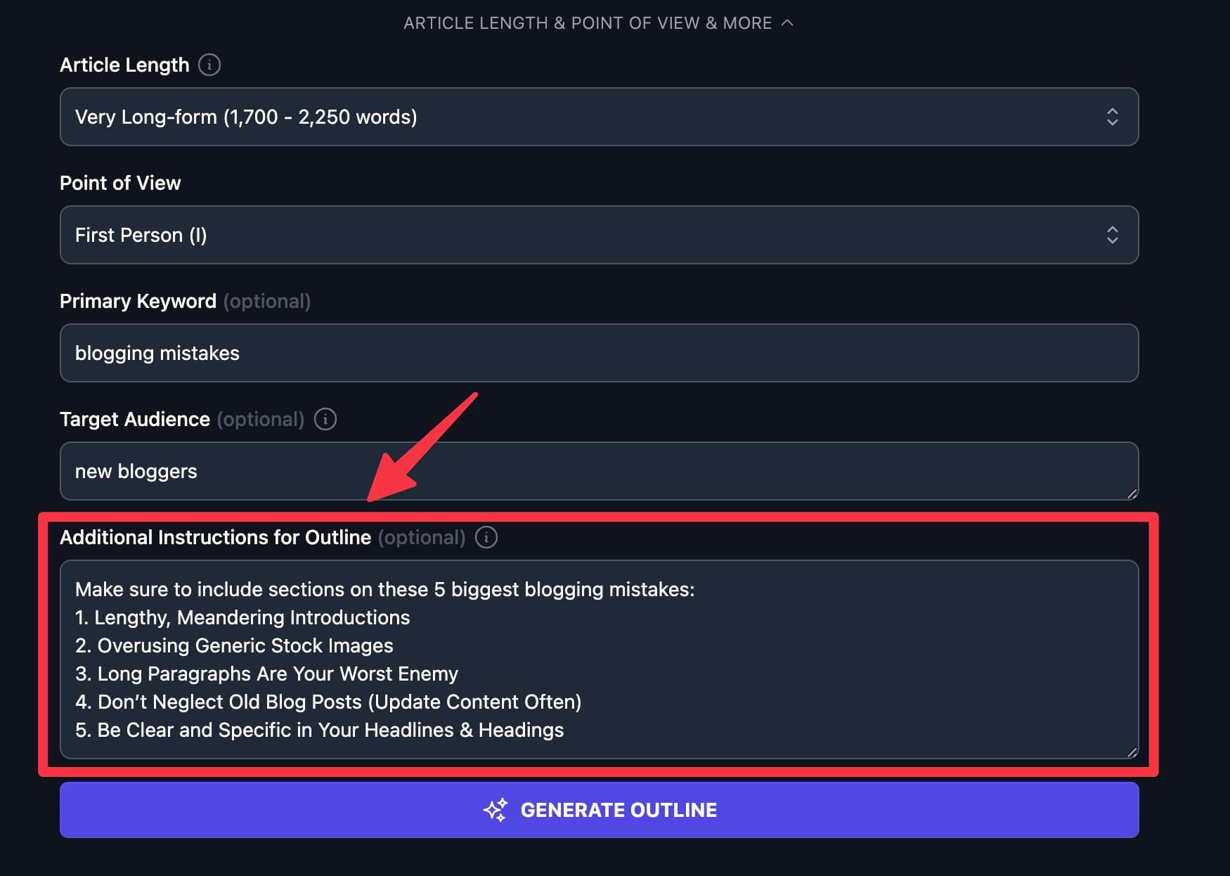 Additional Instructions for AI Tools in RightBlogger (Screen Shot)