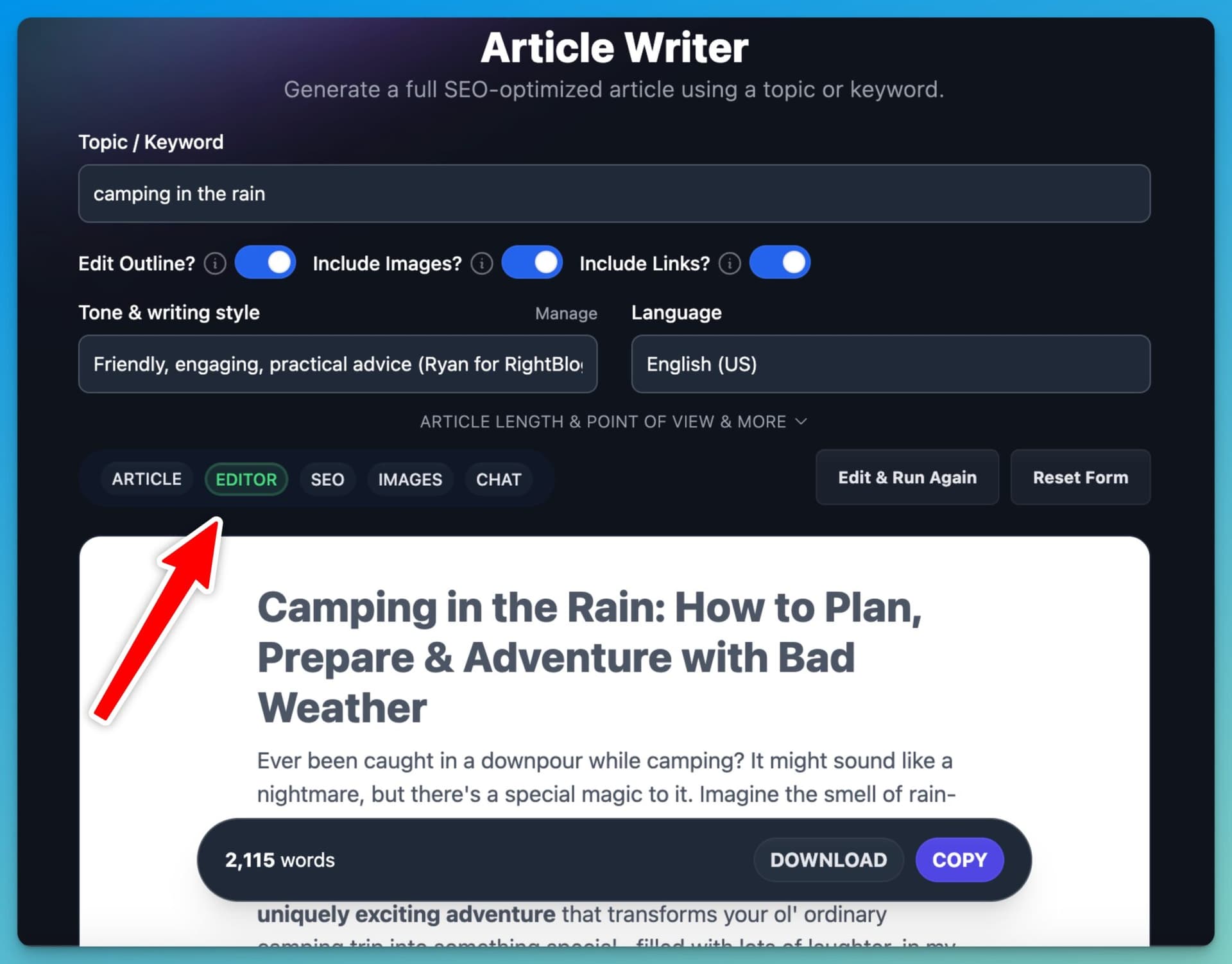 Editor in Article Writer (to Edit Your AI Content Creations) Screen Shot