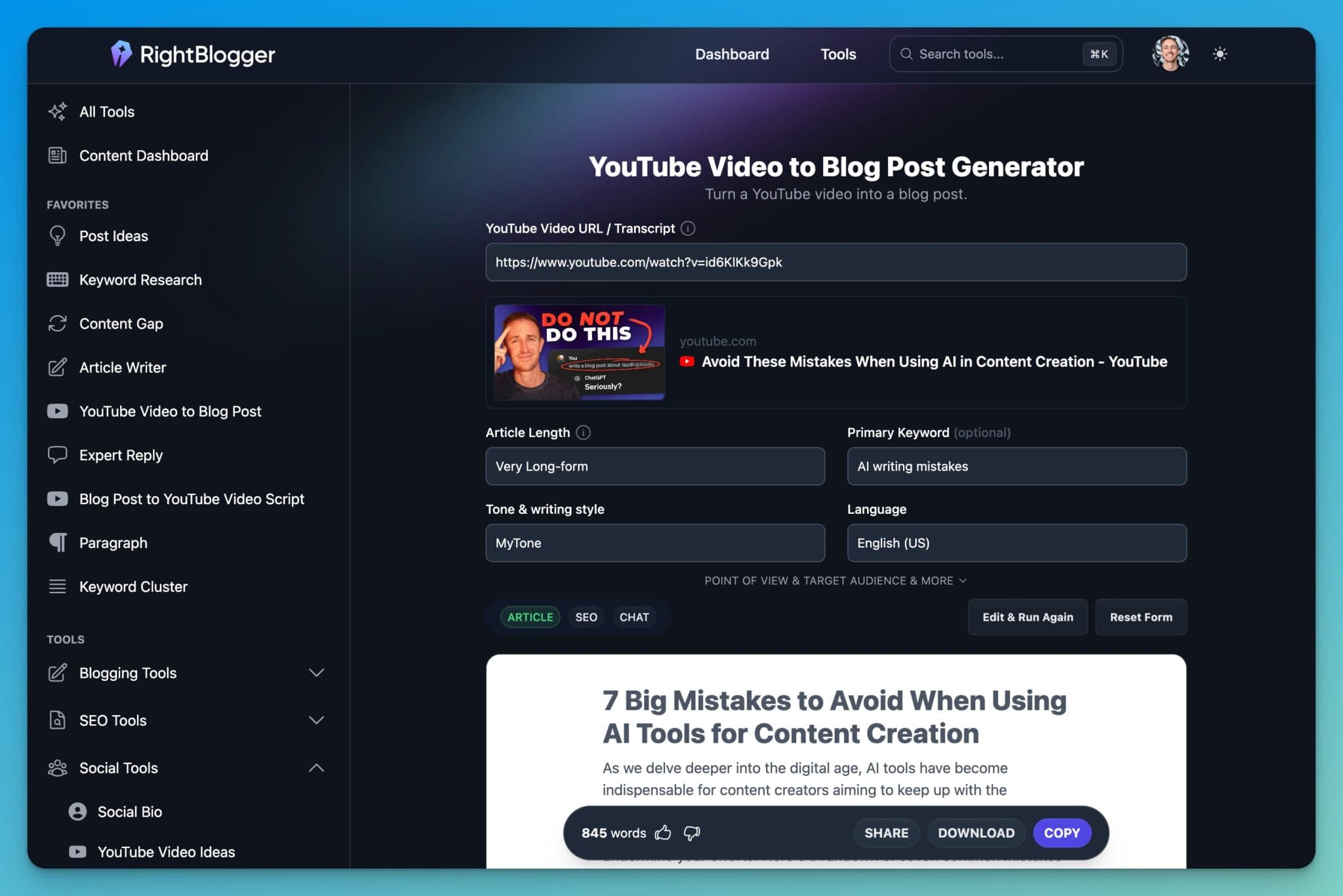 Example of RightBlogger as a ChatGPT Alternative (Screen Shot of AI Tool Output)