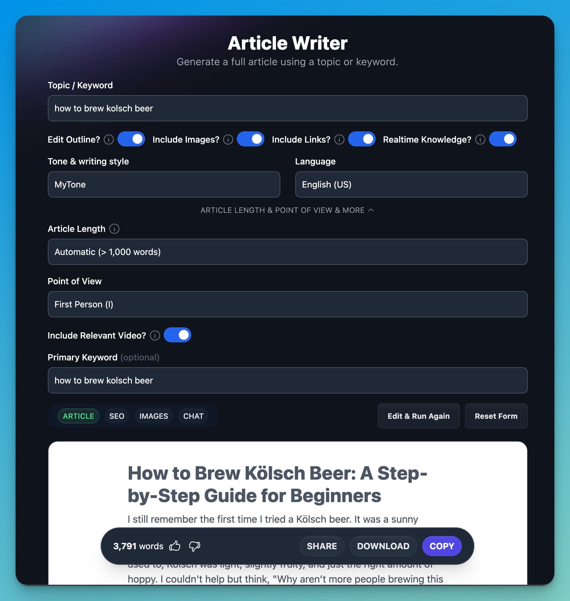 Example of Improved Article Writer Tool (Screen Shot)