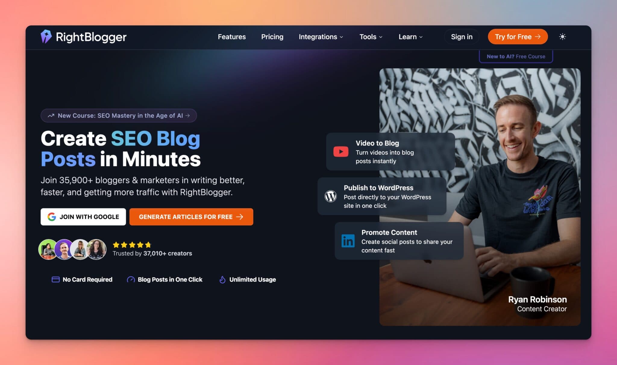 RightBlogger AI Marketing Tools for Bloggers and Content Creators (Homepage Screenshot)