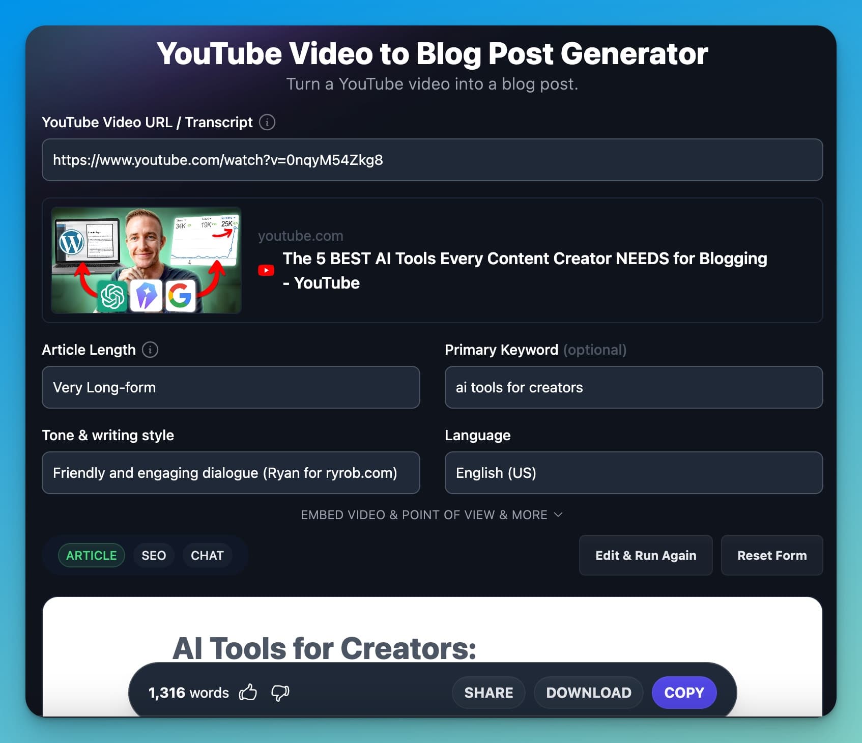 AI Marketing Tools for Content Creation (YouTube to Blog Post Tool Screen Shot Example)