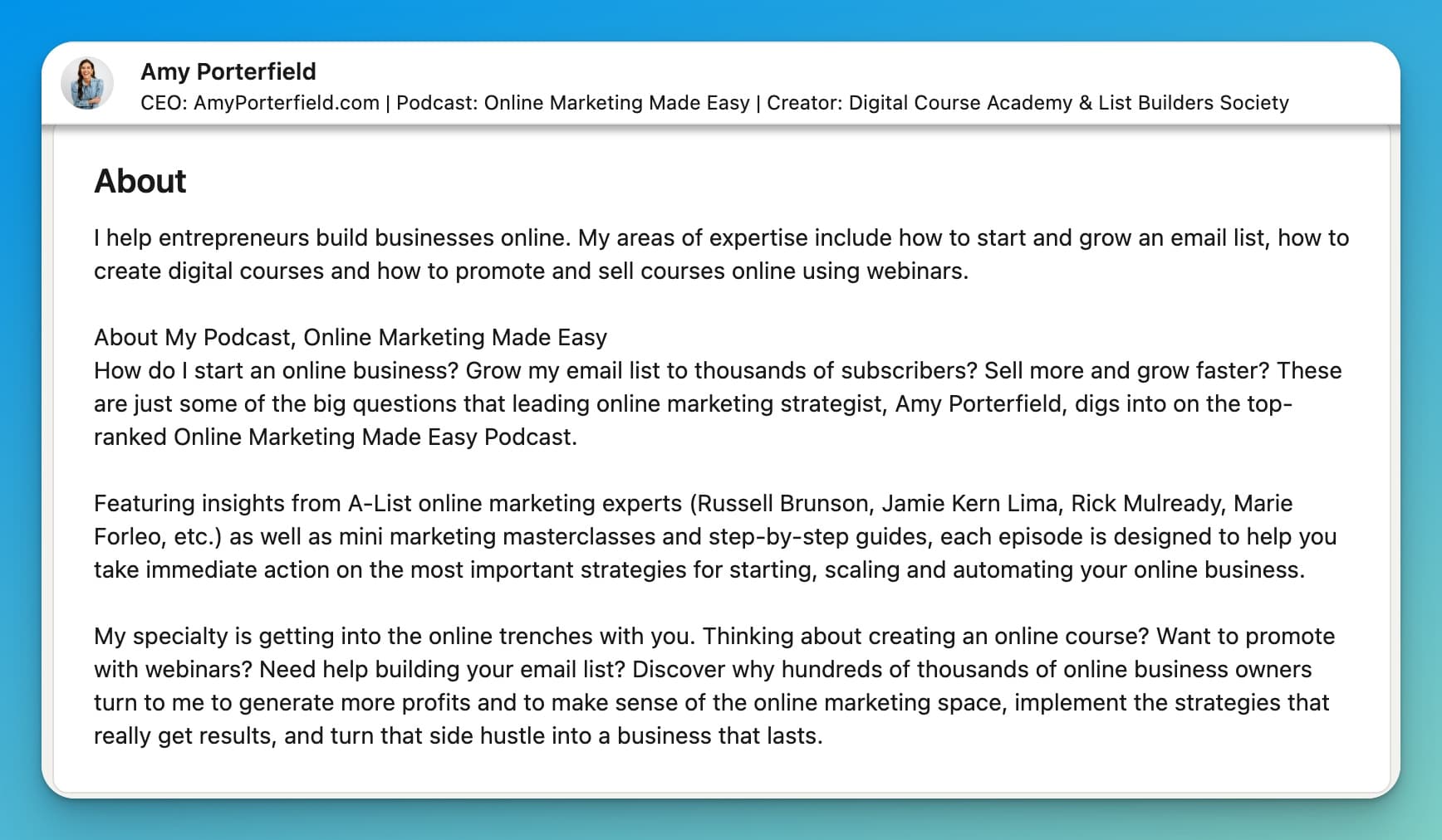 Amy Porterfield's Professional Bio (Example)