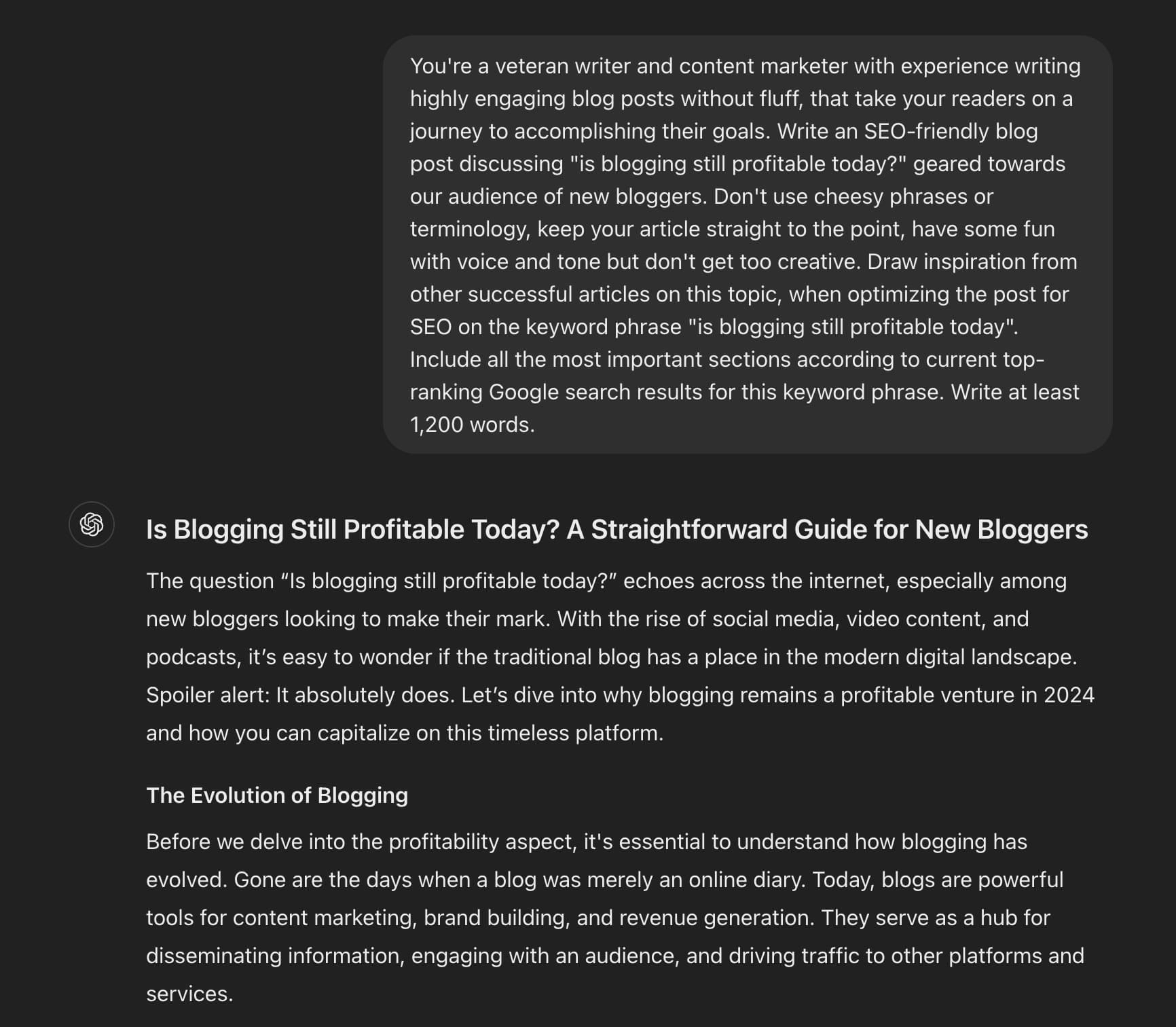 ChatGPT Prompt for Writing Blog Posts (Example Screen Shot)