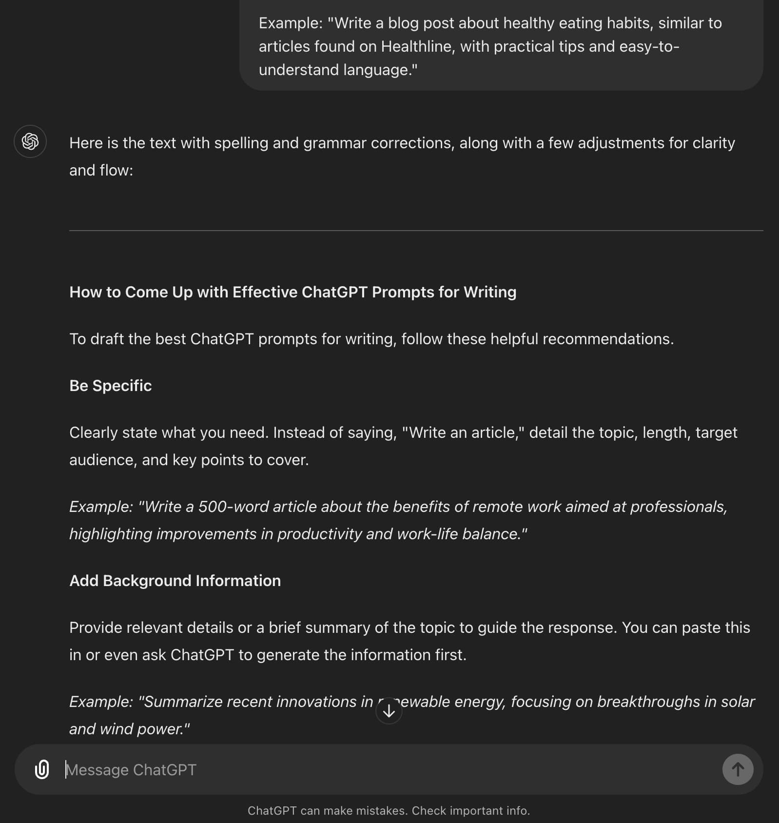 ChatGPT Writing Prompt for Grammar and Spellcheck (Screen Shot)