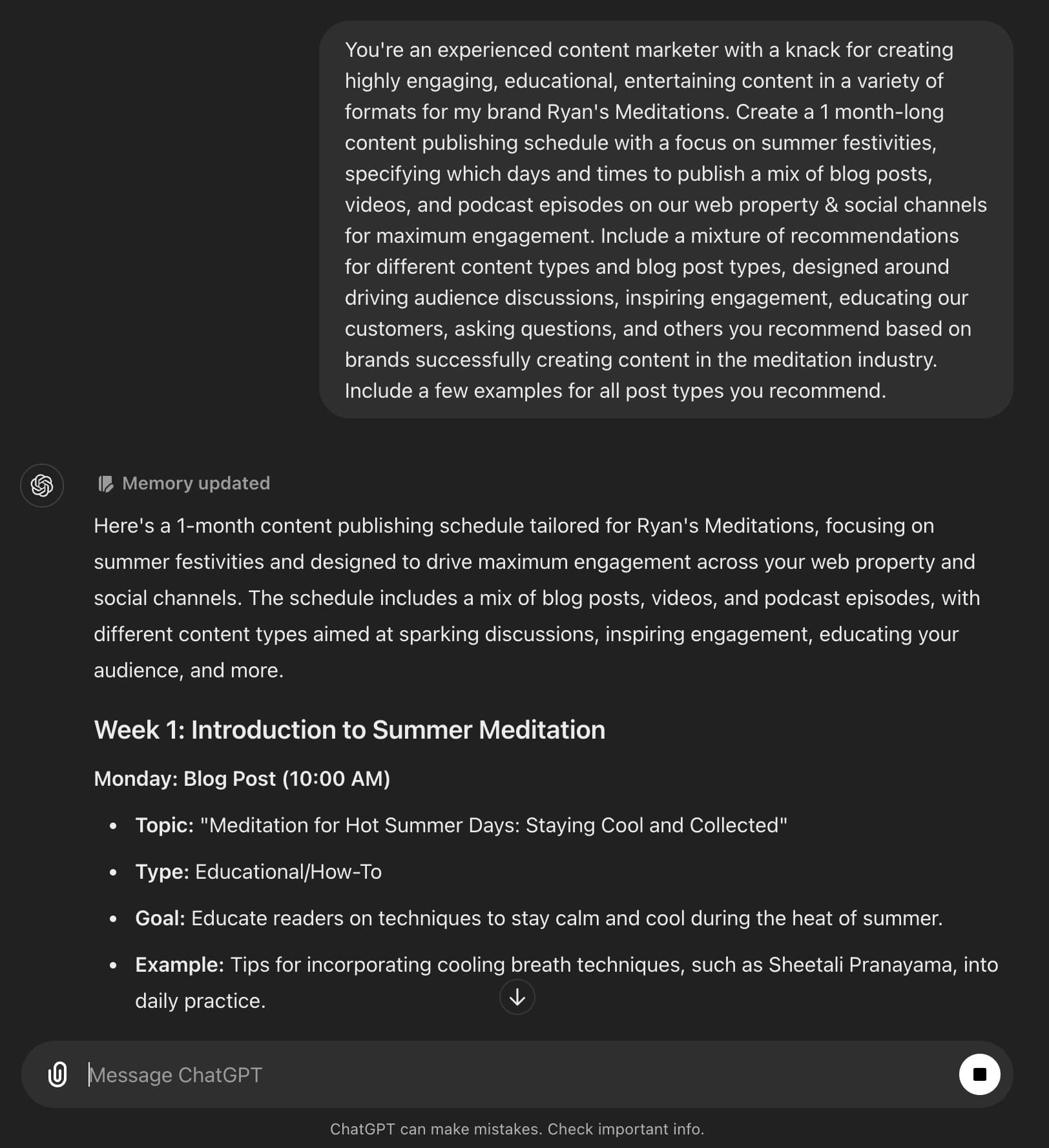 Exampe of ChatGPT Prompt for Content Planning and Publishing Schedule