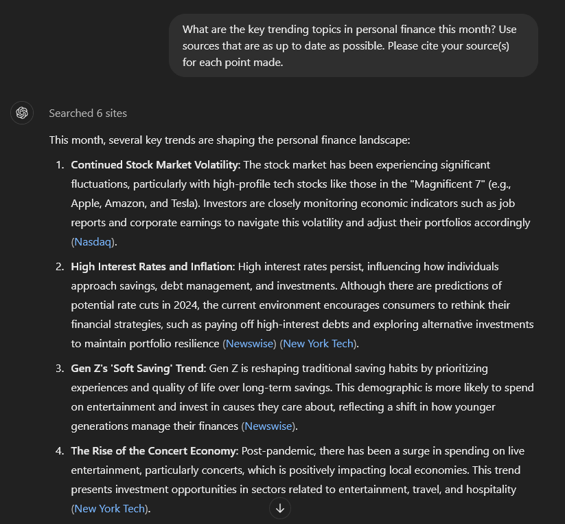 ChatGPT prompt for bloggers to find key trending topics (example is for current trends in personal finance)