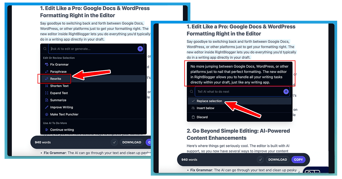 Edit with AI in RightBlogger Editor Example (Screen Shot)