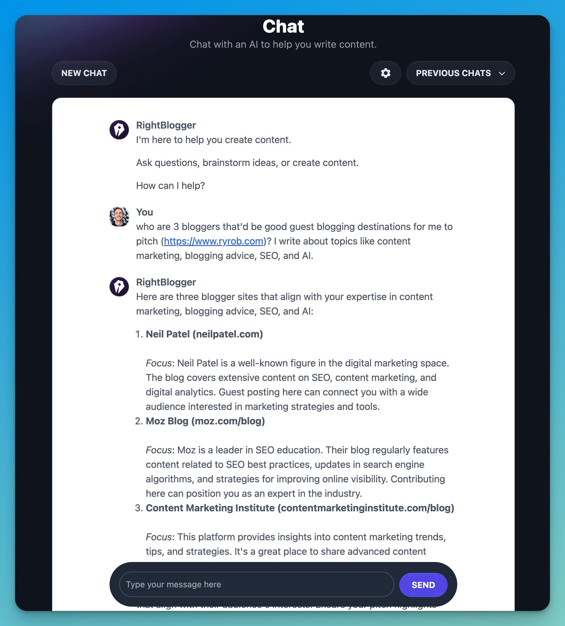 Example of Researching Guest Blogging Destinations (Screen Shot)