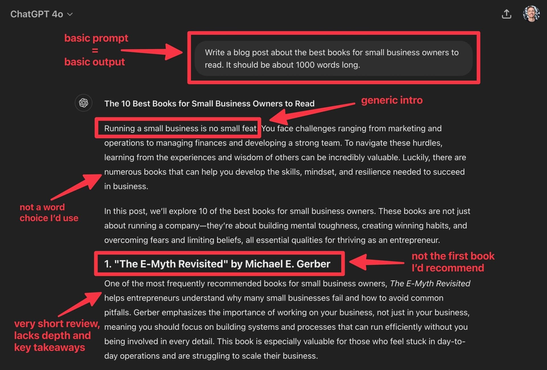 Basic AI Chat Prompt (ChatGPT Example) Gets Basic Output