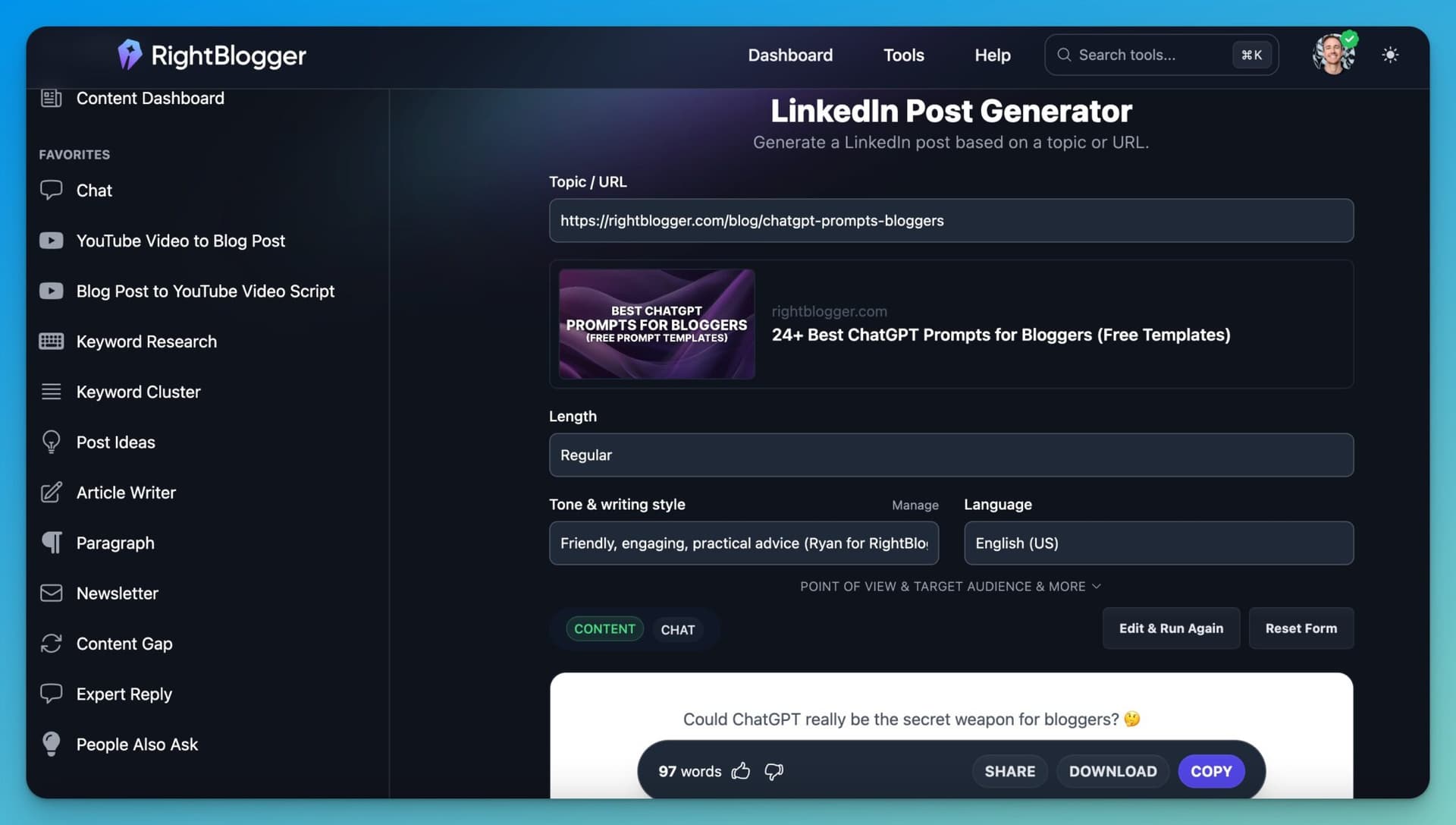 LinkedIn Post Generator Tool for Social Media Marketing (RightBlogger)