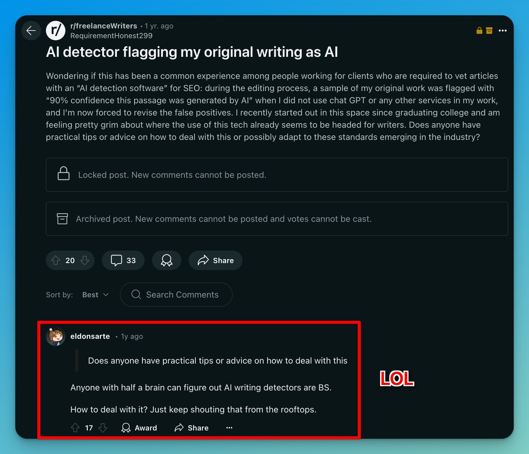 Reddit Thread on AI Detectors Being Wrong (Screen Shot)