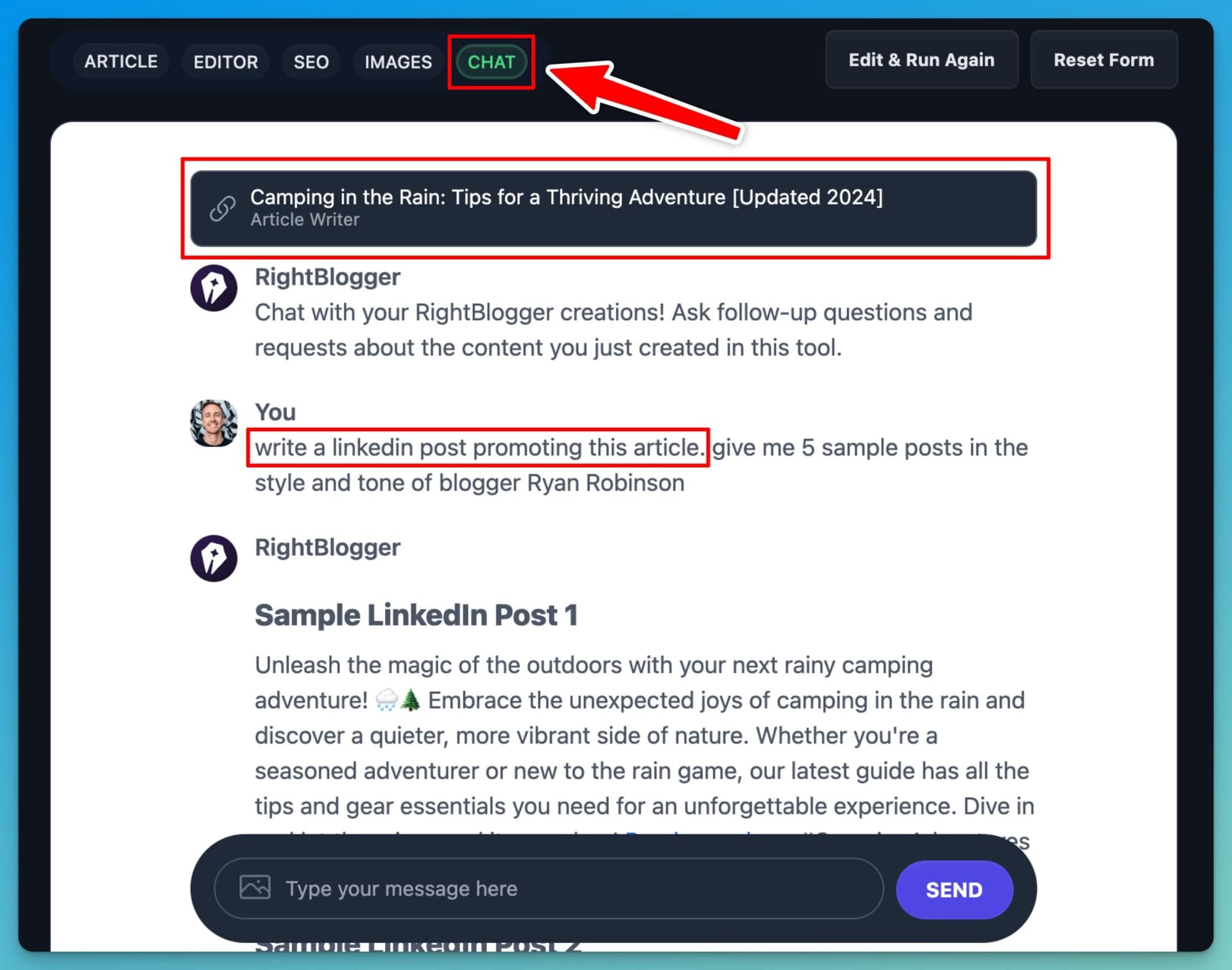 RightBlogger Chat Tab to Create Social Posts (Screen Shot)