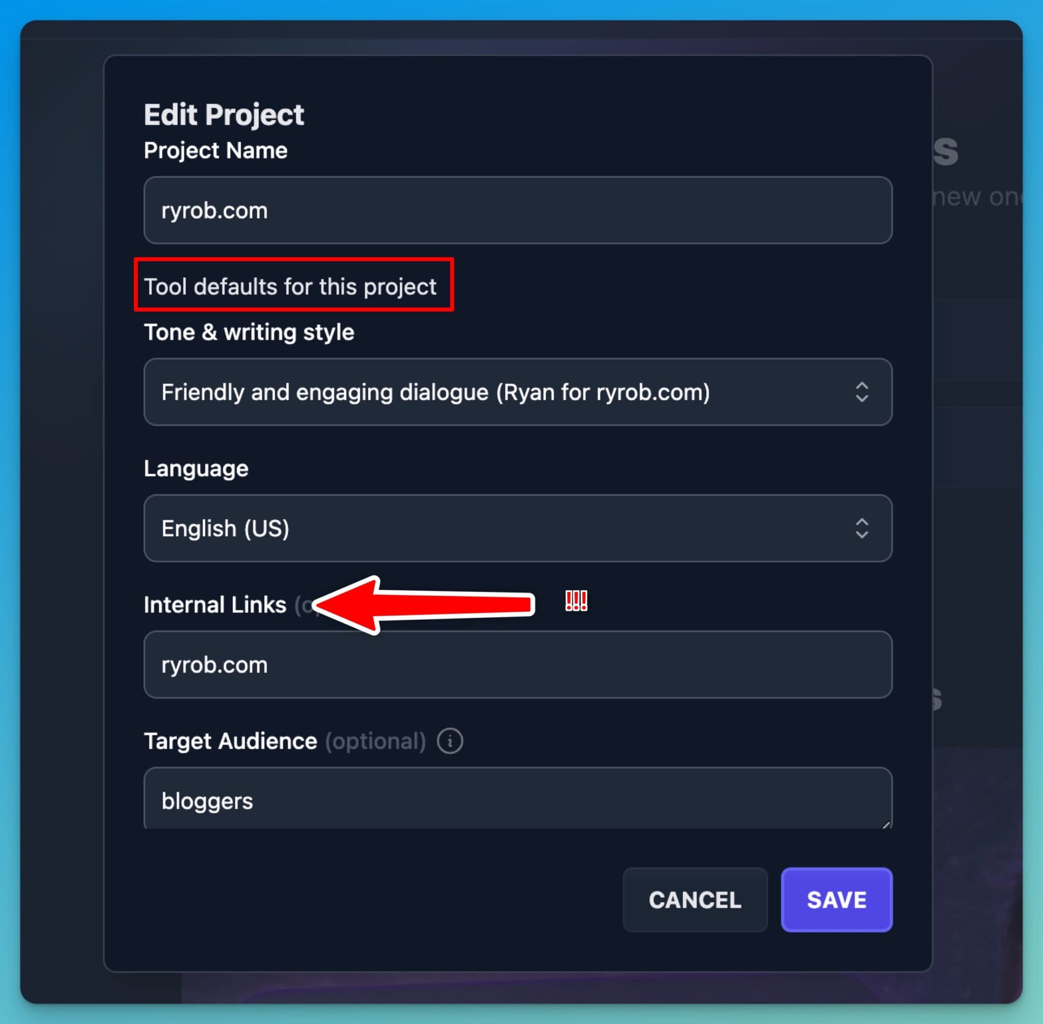 Projects and Internal Links in RightBlogger (Screen Shot)