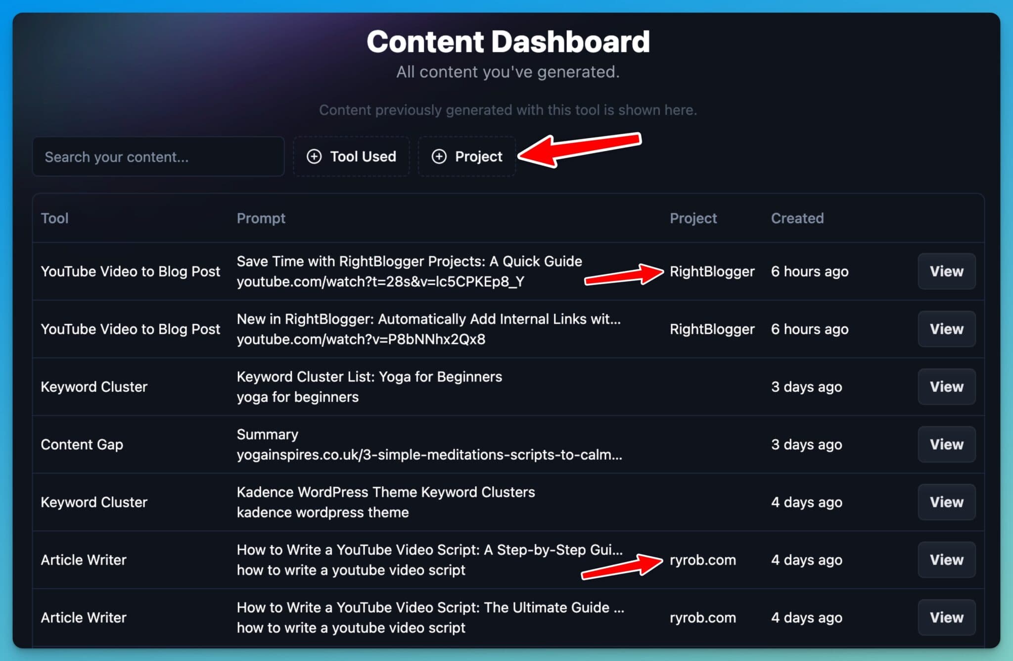 RightBlogger Projects in Content Dashboard