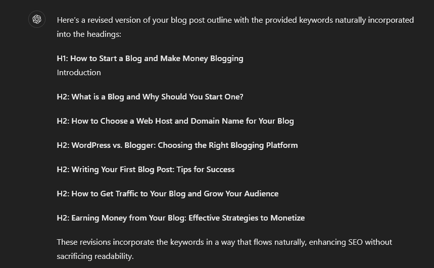 ChatGPT example of keywords incorporated into headings
