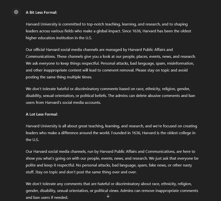 ChatGPT response giving two versions of the rewritten text, one of which is a bit less formal and one of which is a lot less formal