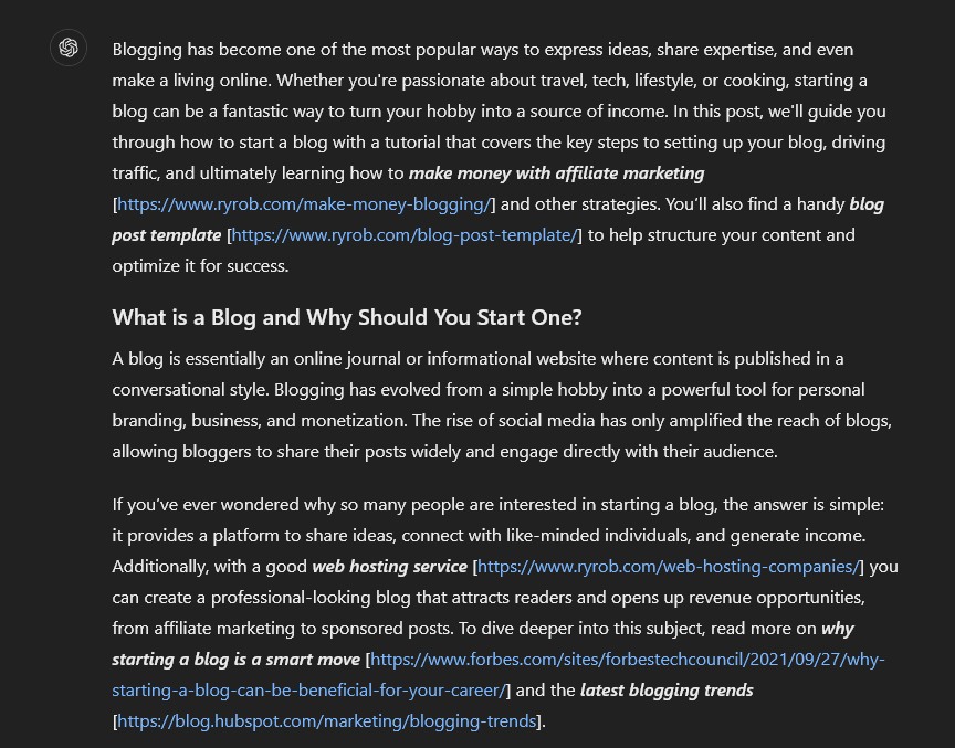 ChatGPT example of a blog post section with internal and external links added in
