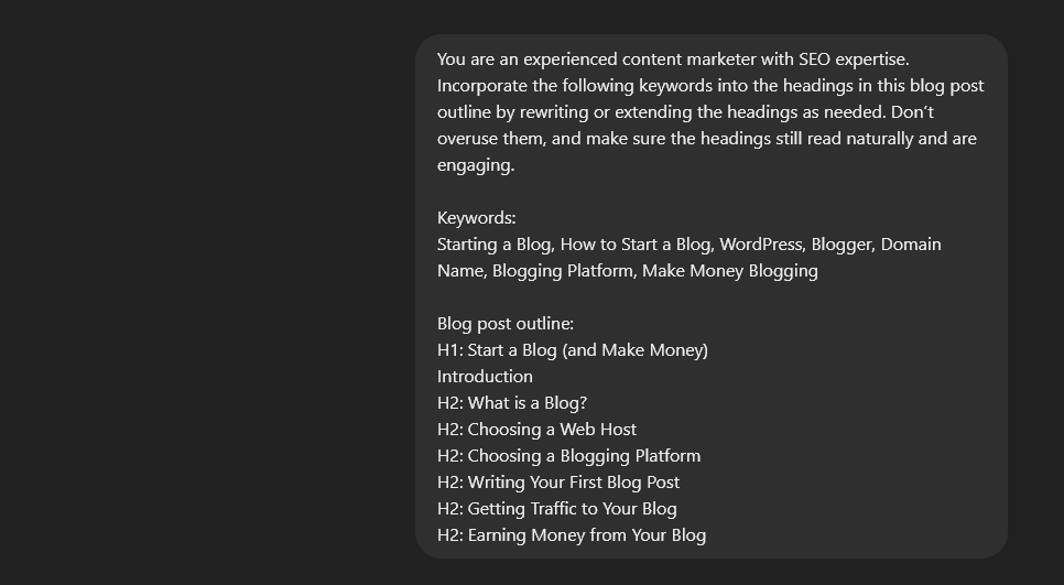 ChatGPT editing prompt asking ChatGPT to incorporate keywords into the headings within a blog post outline