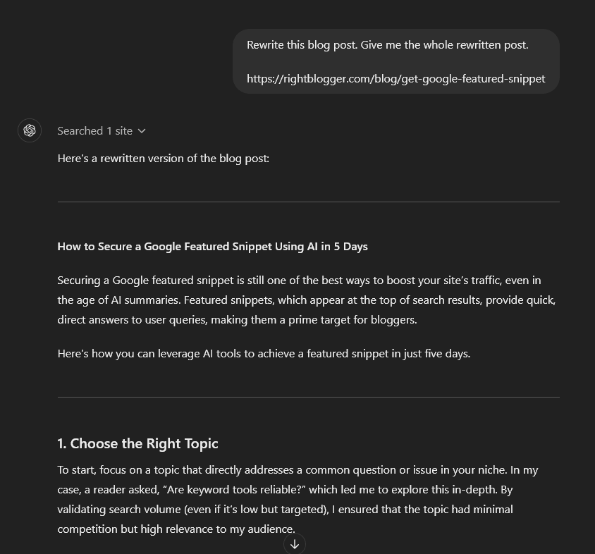 ChatGPT editing prompt asking ChatGPT to rewrite a blog post
