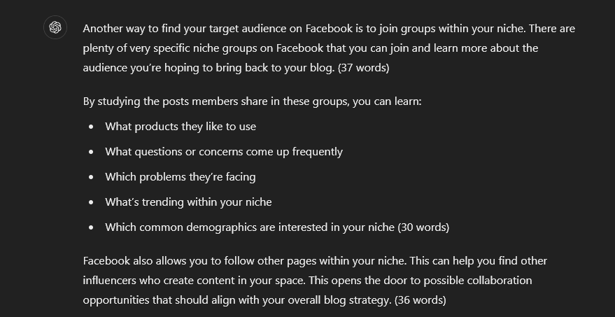 ChatGPT example of the content rearranged into shorter paragraphs and a bullet-point list