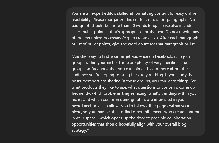 ChatGPT editing prompt asking ChatGPT to format content into shorter paragraphs