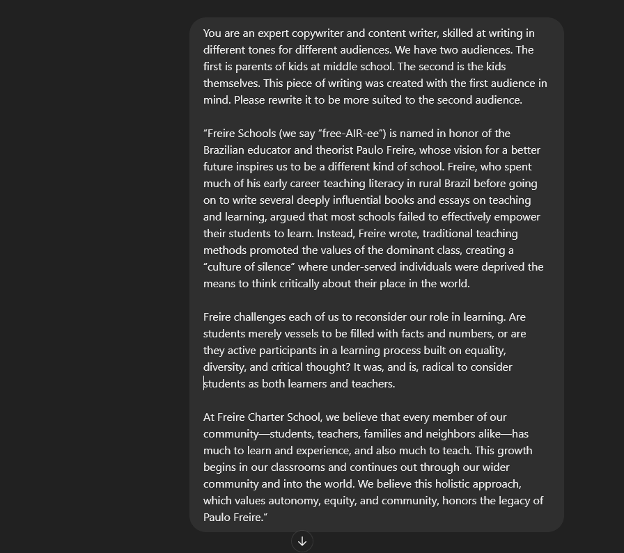 ChatGPT editing prompt asking ChatGPT to rewrite a passage of text in a suitable tone of voice for a different target audience