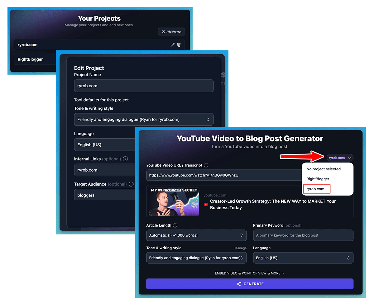 how to add and edit projects in RightBlogger
