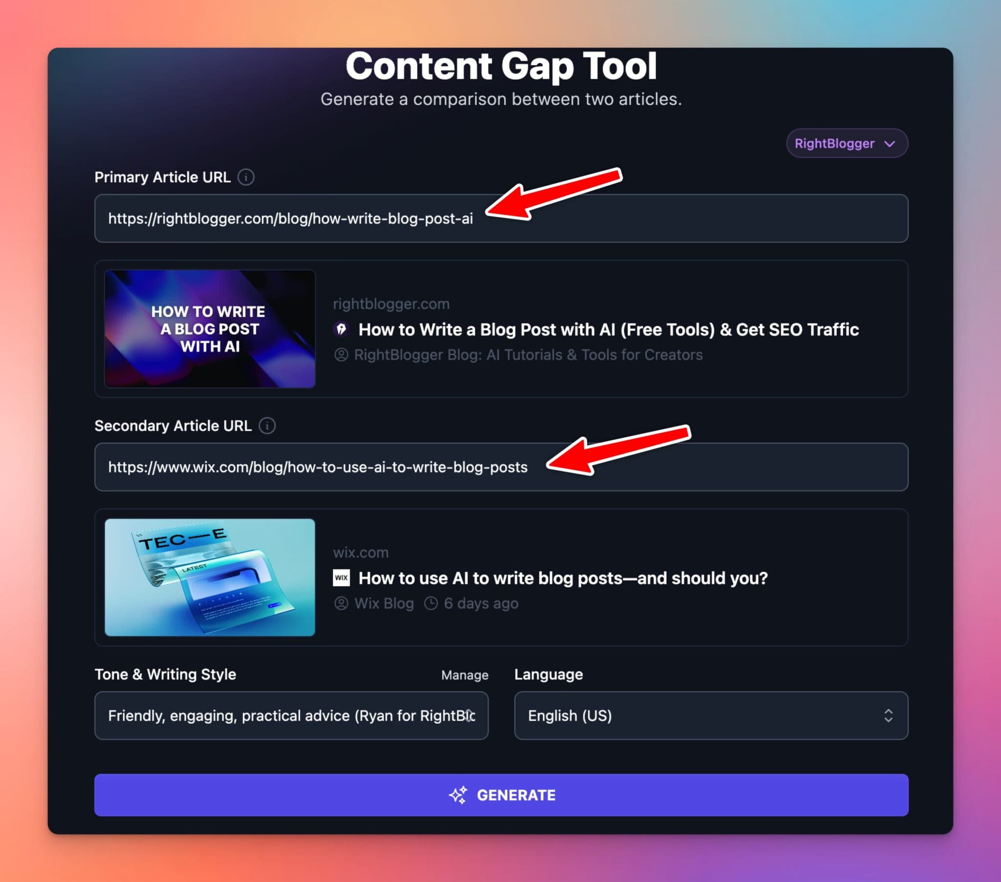 AI Competitor Analysis Tools (Screenshot of RightBlogger Free Tools)