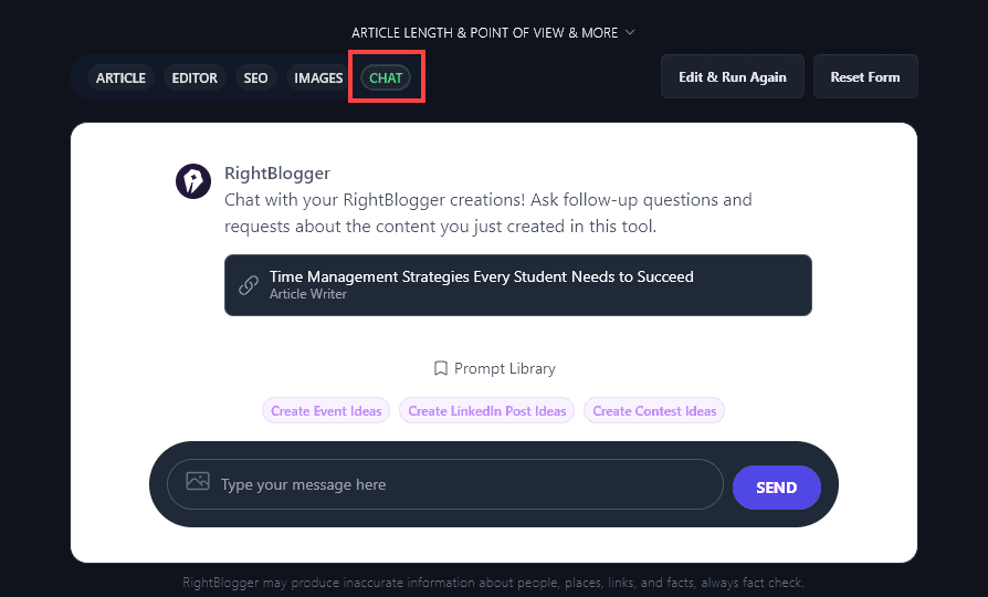 Using the RightBlogger AI Article Writer: the Chat feature