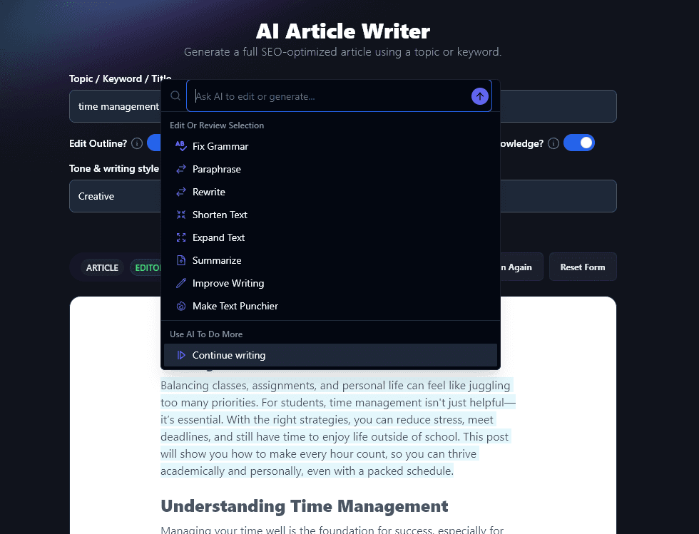 Using the RightBlogger AI Article Writer: the AI editor