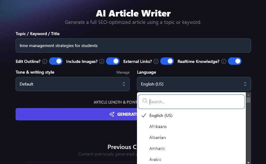 Using the RightBlogger AI Article Writer: choosing your output language