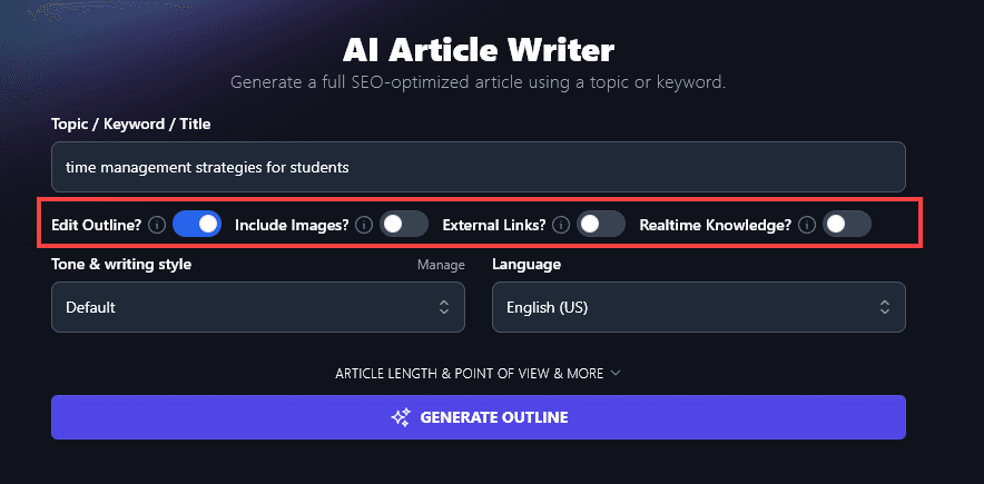 Using the RightBlogger AI Article Writer: selecting your options