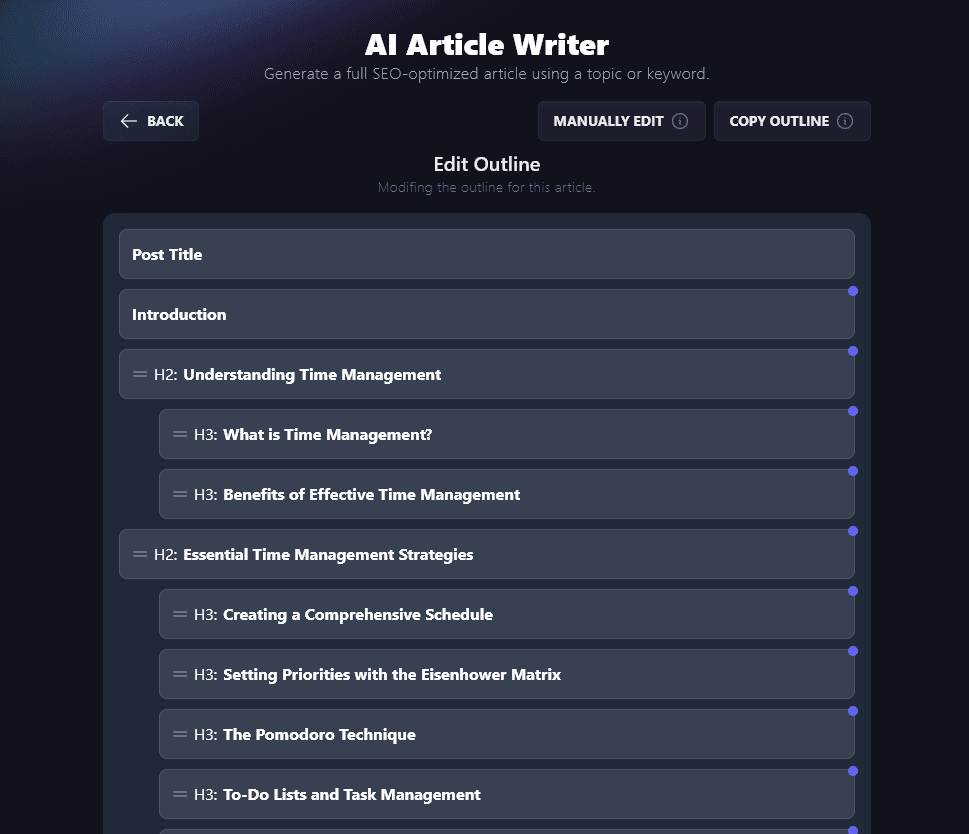 Using the RightBlogger AI Article Writer: viewing and editing your article's outline