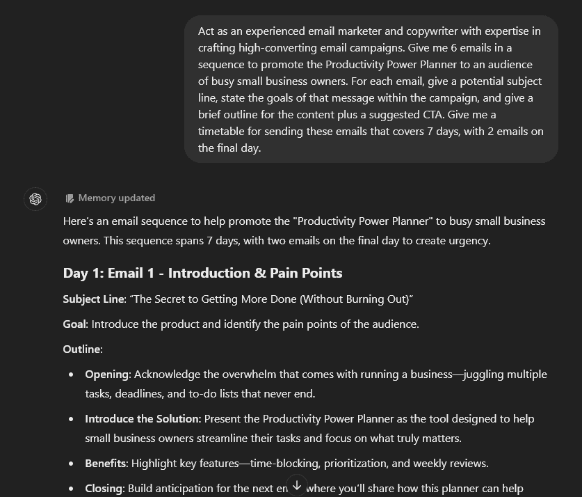 An example AI email prompt in ChatGPT to outline a full email campaign to promote a product.