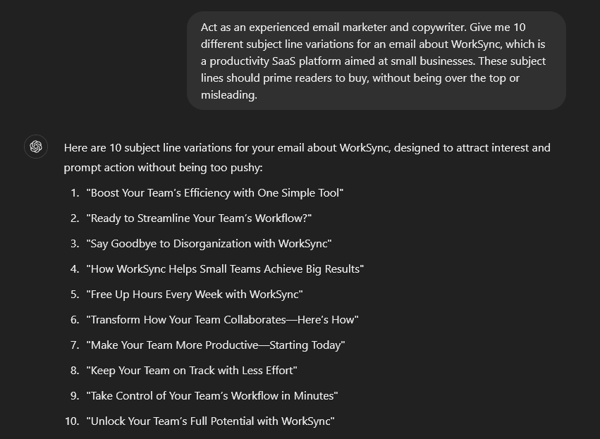An example AI email prompt in ChatGPT to craft multiple subject line options.