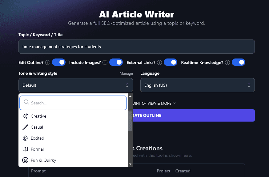 Using the RightBlogger AI Article Writer: selecting your tone & writing style