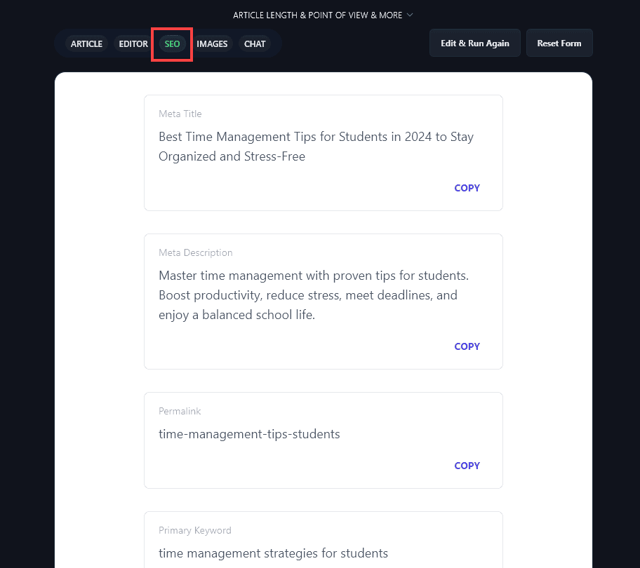 Using the RightBlogger AI Article Writer: getting SEO elements for your post