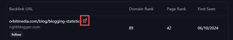 Opening up a linking page from the RightBlogger Backlink Checker tool