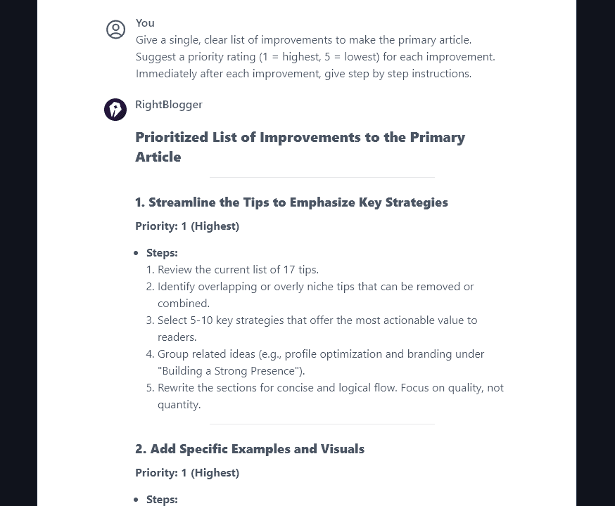 Using the Chat feature to get a prioritized list of improvements to make to the primary article, using the Content Gap tool