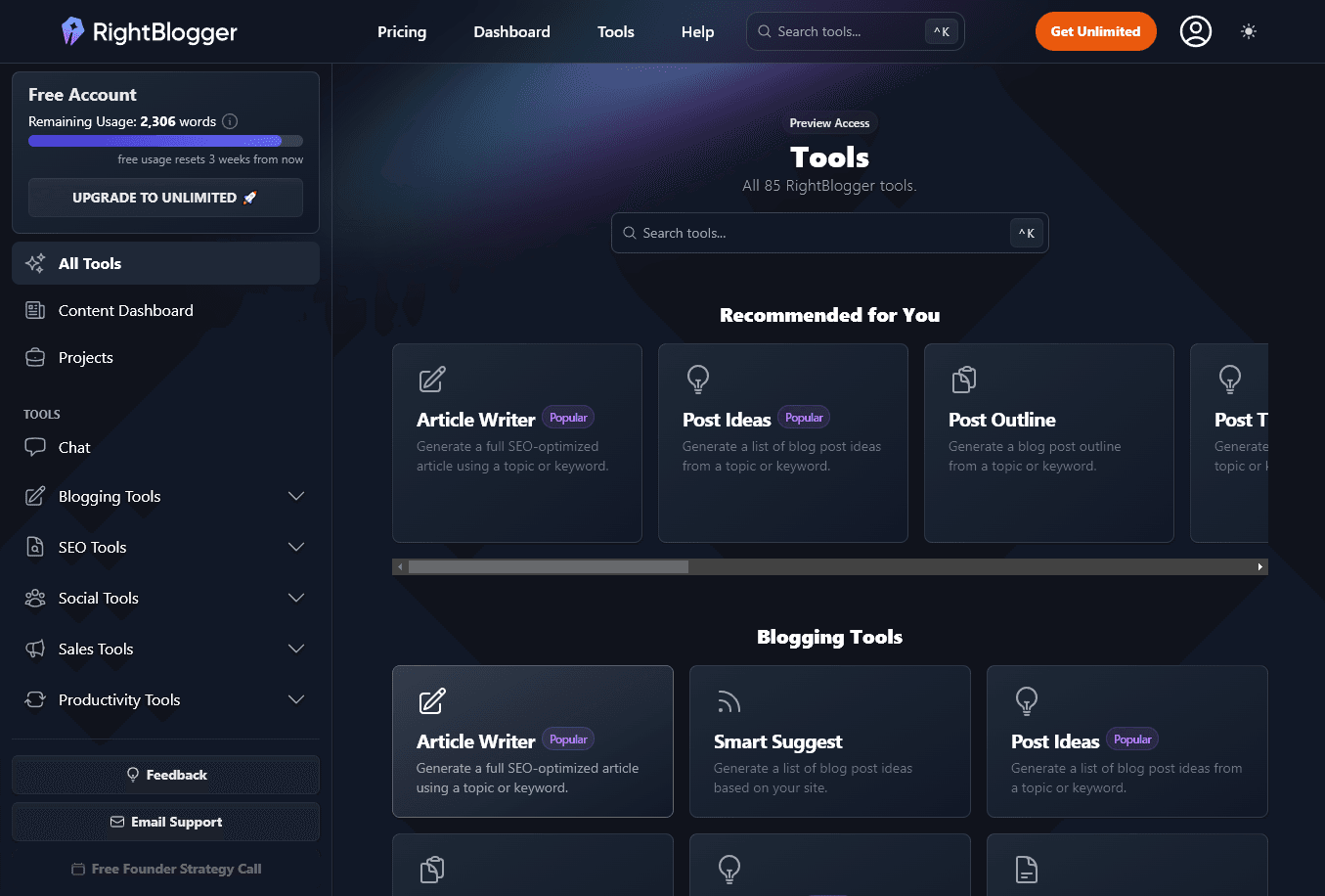 The RightBlogger Tools home page in a free account
