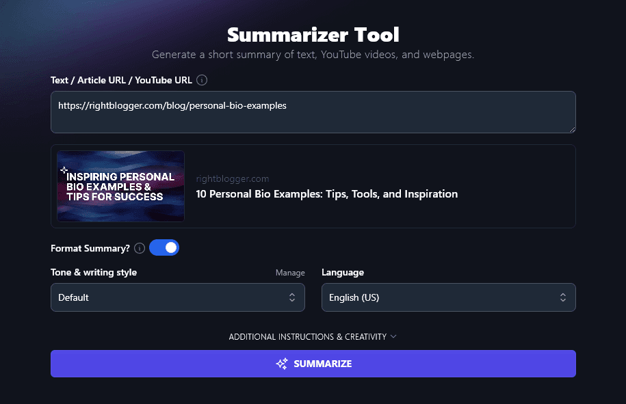 The RightBlogger Summarizer (AI productivity tool)
