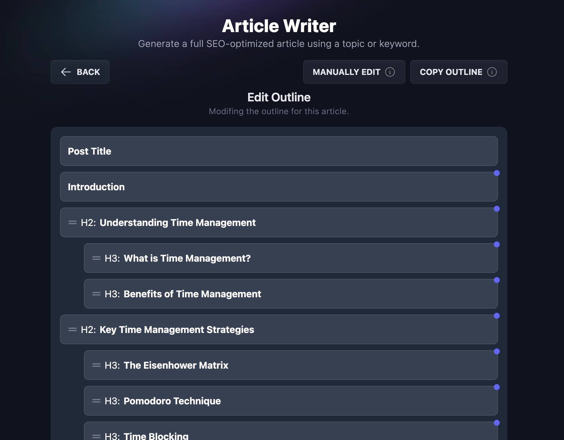 Outline editor in article writer